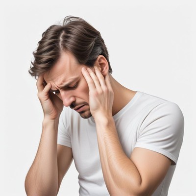 A man holds his head in pain