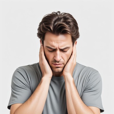 A man holds his ears in discomfort