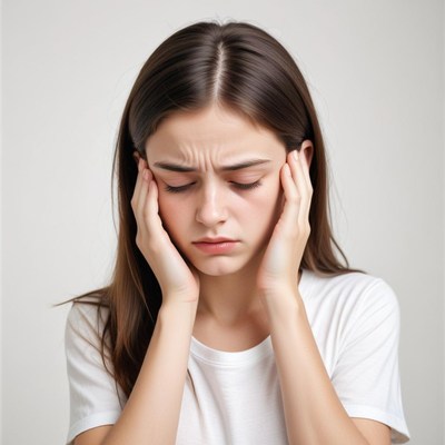 A woman with brown hair holds her head in her hands