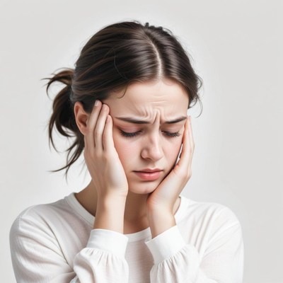 A woman holds her head in her hands