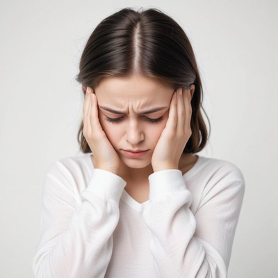 A woman holds her head in her hands
