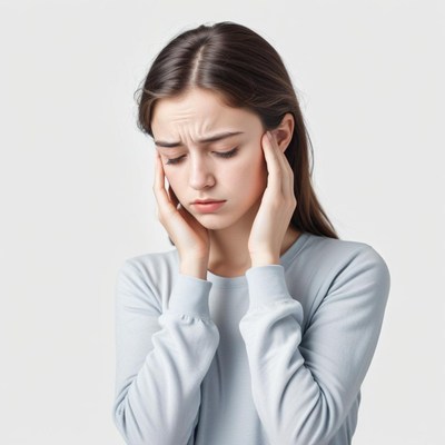 A woman holds her head in pain