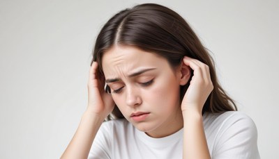 A woman holds her head in pain