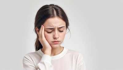 A young woman with brown hair holds her head in her hand