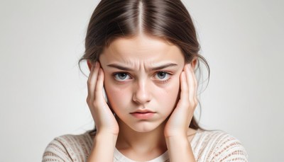 Young woman appears distressed against a white backdrop