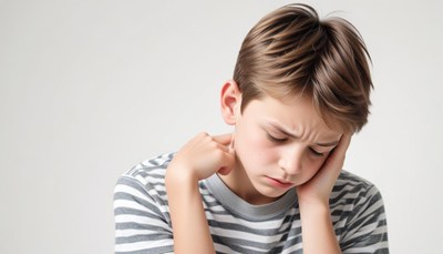 A young boy looks sad while holding his head