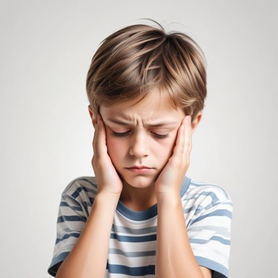 A boy looks sad and holds his head