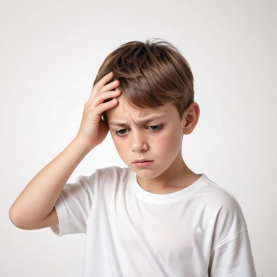 A young boy holds his head, looking sad