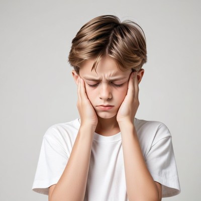 A young boy holds his face in his hands