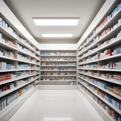 A pharmacy aisle with shelves of medications
