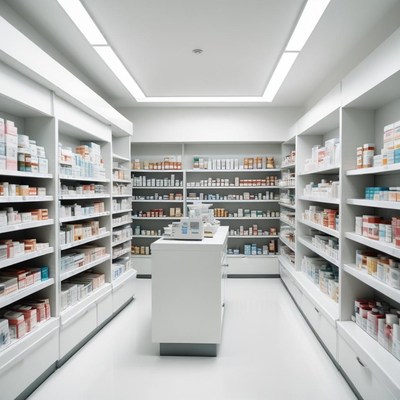 A pharmacy interior with shelves full of medicine