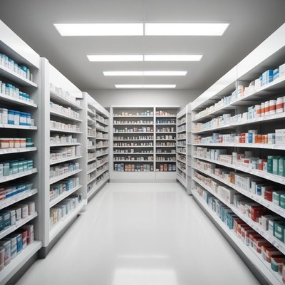A pharmacy aisle stocked with medicine