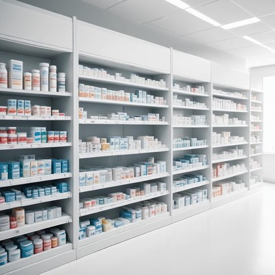 Rows of medicine line the shelves in a pharmacy
