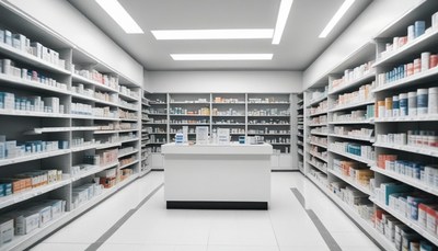 White shelves line the walls of a pharmacy
