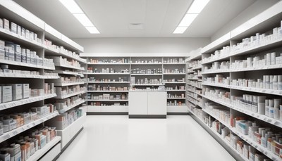 A pharmacy aisle is filled with shelves of medicine
