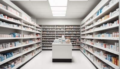A pharmacy aisle stocked with medicine