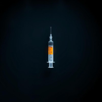 A syringe sits on a dark background