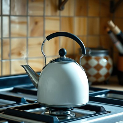 A white kettle boils on a stovetop