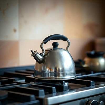 A silver kettle sits on a stovetop