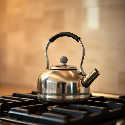 A stainless steel kettle sits on a stovetop