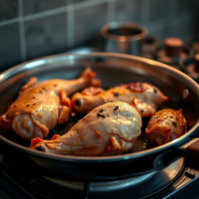 Chicken legs are cooking in a pan