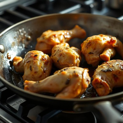Chicken legs are cooking in a pan