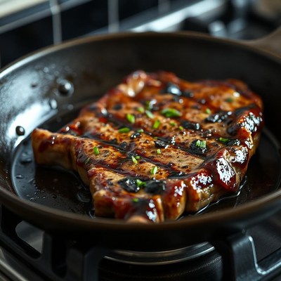 A juicy steak in a pan, sizzling on the stove