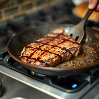 A steak is being flipped in a skillet on a stovetop