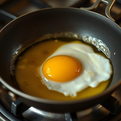 A sunny-side-up egg cooks in a pan