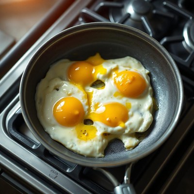 Four sunny-side up eggs cook in a pan