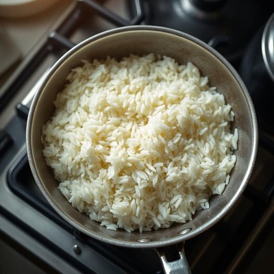 Cooked rice in a pan on a stovetop