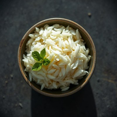 A bowl of puffed rice with a sprig of mint