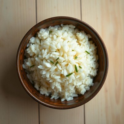 A bowl of white rice with herbs