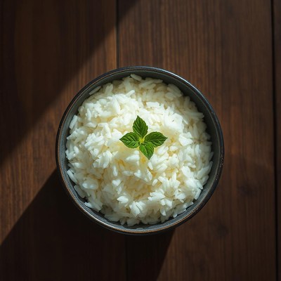 A bowl of cooked rice with a mint leaf