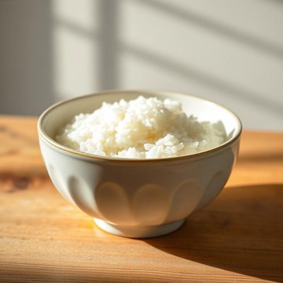 A bowl of white rice sits on a wooden surface