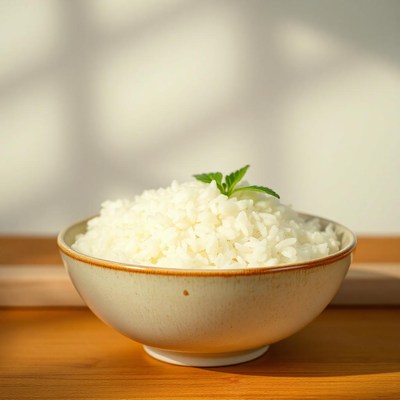 A bowl of rice sits on a table