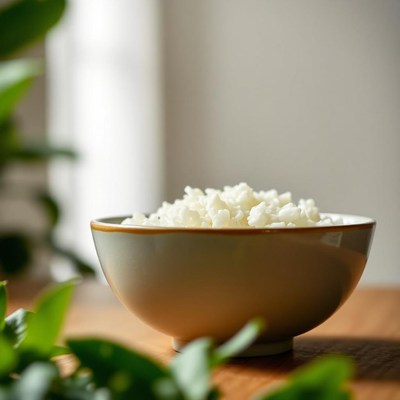 A bowl of white rice sits on a wooden table