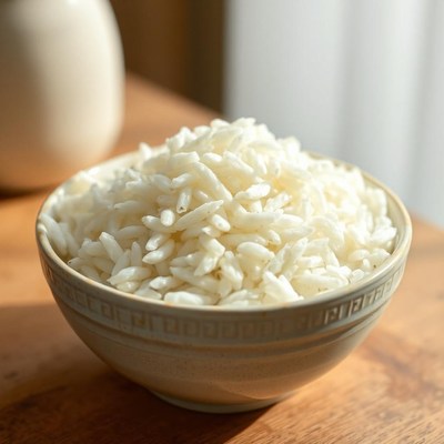 A bowl of puffed rice sits on a table