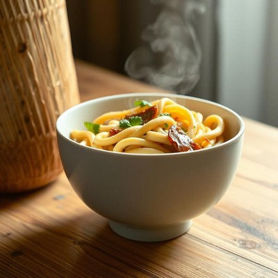 A bowl of steaming noodles on a wooden table