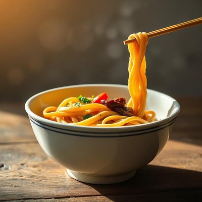 A bowl of noodles is being lifted with chopsticks
