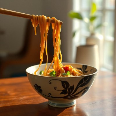 Chopsticks lift noodles from a bowl