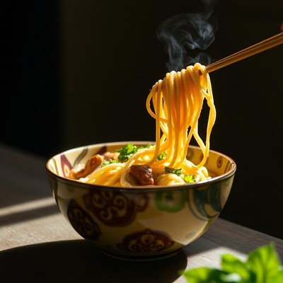 Steaming noodles are lifted from a bowl with chopsticks
