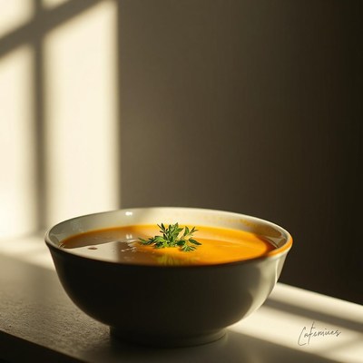 A bowl of soup sits in the sunlight