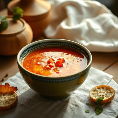 A bowl of tomato soup sits on a white napkin