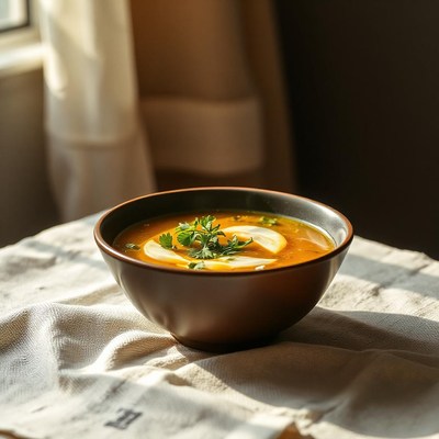 A bowl of soup with a swirl of cream and fresh parsley