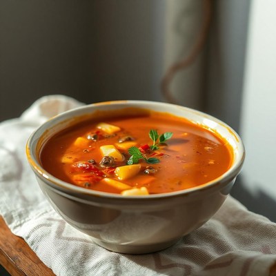 A bowl of hearty soup with potatoes and herbs