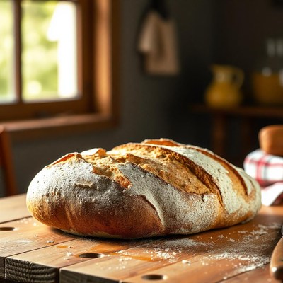Freshly baked bread on a wooden table