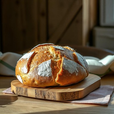 A loaf of freshly baked bread sits on a wooden cutting board