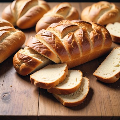 A loaf of sliced bread sits on a wooden table