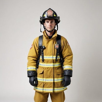 A firefighter stands in a studio